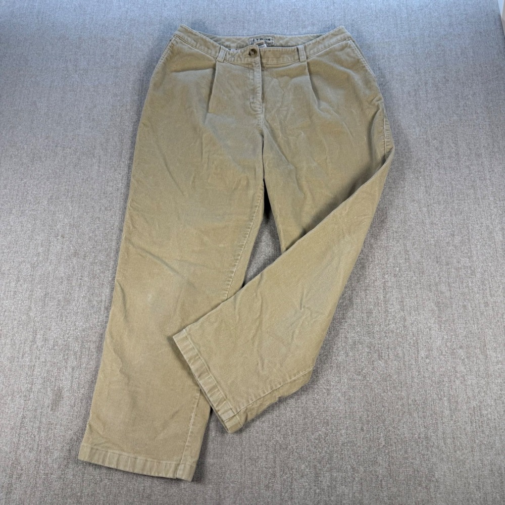 L.L. Bean Corduroy Pants Women 12 PET Tan Curvy Fit Pleated Straight Leg